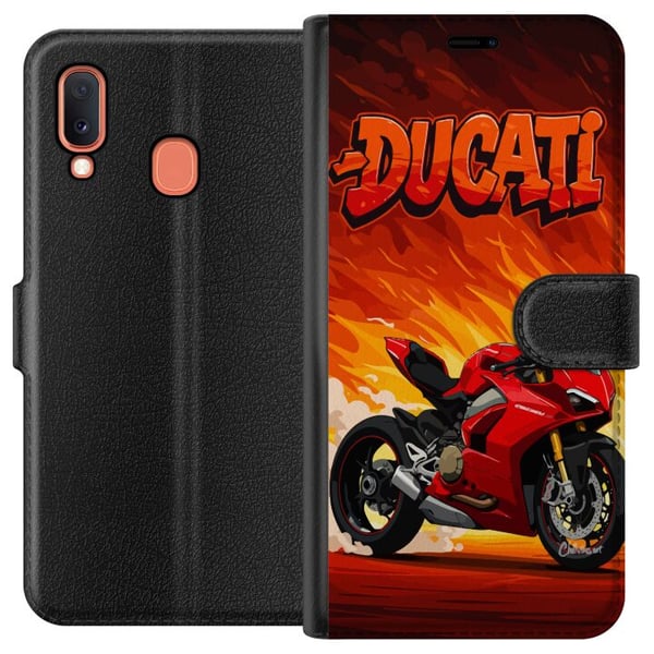 Kompatibelt Plånboksfodral till Samsung Galaxy A20e Ducati röd sportmotorcykel mot eld bakgrund fartfyllt motiv för motorälskare