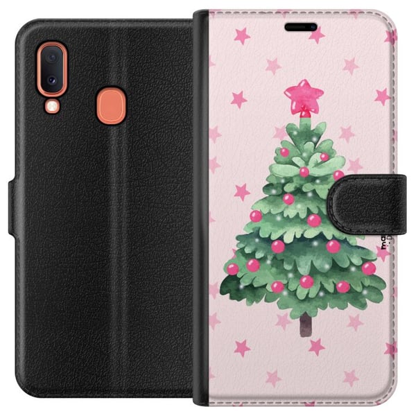 Kompatibelt Plånboksfodral till Samsung Galaxy A20e Akvarell julgran i rosa toner med stjärnor och kulor ett charmigt och mjukt julmotiv som passar p Kompatibelt Plånboksfodral till Samsung Galaxy A20e Akvarell julgran i rosa toner med stjärnor och kulor ett charmigt och mjukt julmotiv som passar p