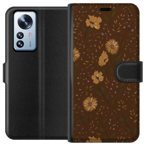 Yhteensopiva Lompakkokotelo Xiaomi 12 Pro Retro kukkakuvio ruskea tausta kukat vintage 70-luvun tyyli boheemi tapettisuunnittelu painatus