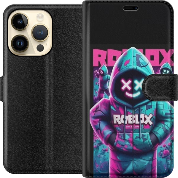 Kompatibelt Plånboksfodral till Apple iPhone 14 Pro Roblox Hoodie Legend Mystisk Robloxfigur i blå hoodie med futuristiskt neonljus