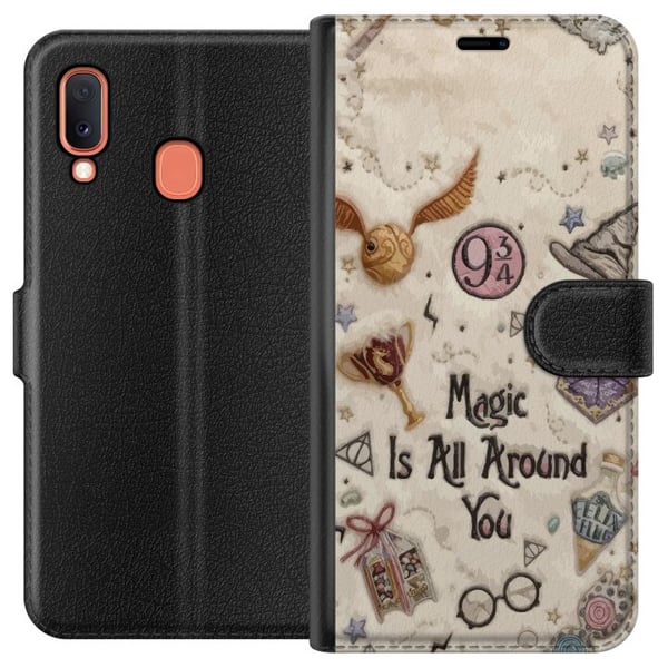 Yhteensopiva Lompakkokotelo Samsung Galaxy A20e Kirjailtu maaginen kuvitus, jossa on symboleja, sitaatteja ja fantasiamaailma unenomaisessa satutyyli
