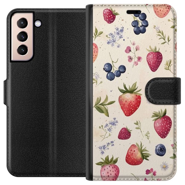 Kompatibel Tegnebogsetui til Samsung Galaxy S21 Sommerligt bærmønster med jordbær, blåbær og blomster i akvarel – trendy og frisk design, der passer