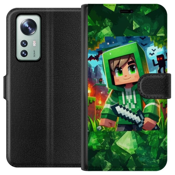 Kompatibel Tegnebogsetui til Xiaomi 12 Minecraft-gamerdreng i grøn hættetrøje – tegnet Minecraft-dreng med sværd, pixels og eventyrtema
