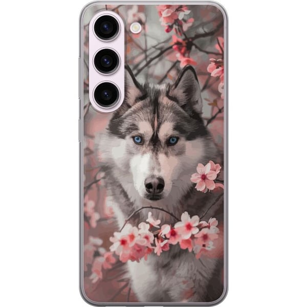 Kompatibelt Mobilskal till Samsung Galaxy S23 Husky med blå ögon bland rosa körsbärsblommor – vackert, naturinspirerat och detaljrikt motiv.