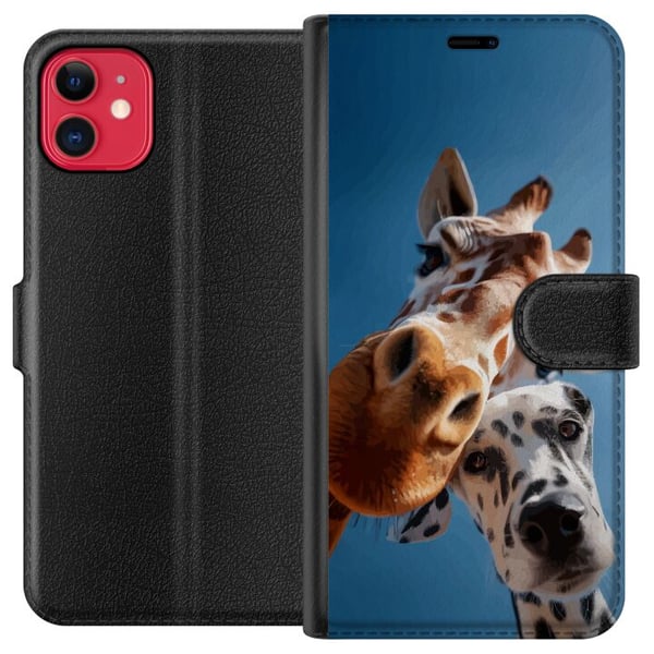 Kompatibelt Plånboksfodral till Apple iPhone 11 Giraffe Dalmatian Duo motiv med rolig närbild på giraff och dalmatiner i soligt perspektiv Kompatibelt Plånboksfodral till Apple iPhone 11 Giraffe Dalmatian Duo motiv med rolig närbild på giraff och dalmatiner i soligt perspektiv