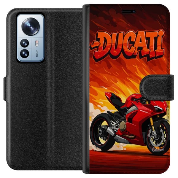 Kompatibelt Plånboksfodral till Xiaomi 12 Pro Ducati röd sportmotorcykel mot eld bakgrund fartfyllt motiv för motorälskare