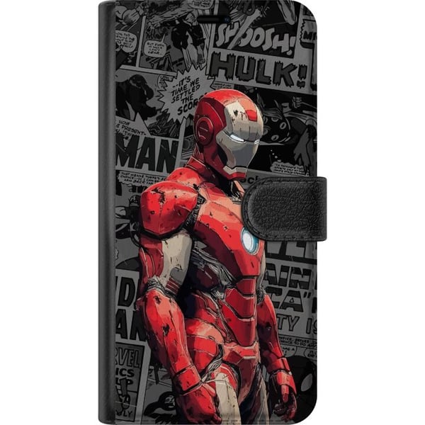 Kompatibelt Lommeboketui til Apple iPhone 13 mini Iron Man-illustrasjon i rød rustning med tegneseriebakgrunn kraftfullt motiv for filmfans