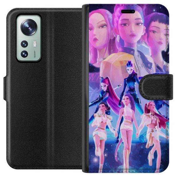Yhteensopiva Lompakkokotelo Xiaomi 12 Kosminen neonympäristö, jossa on K-popista inspiroitunut tyttöryhmä futuristisessa lavastuksessa