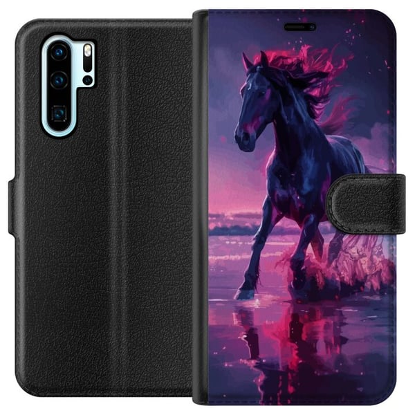 Yhteensopiva Lompakkokotelo Huawei P30 Pro Elegantti musta hevonen juoksee veden läpi violetissa ja vaaleanpunaisessa valossa maagisessa tunnelmassa