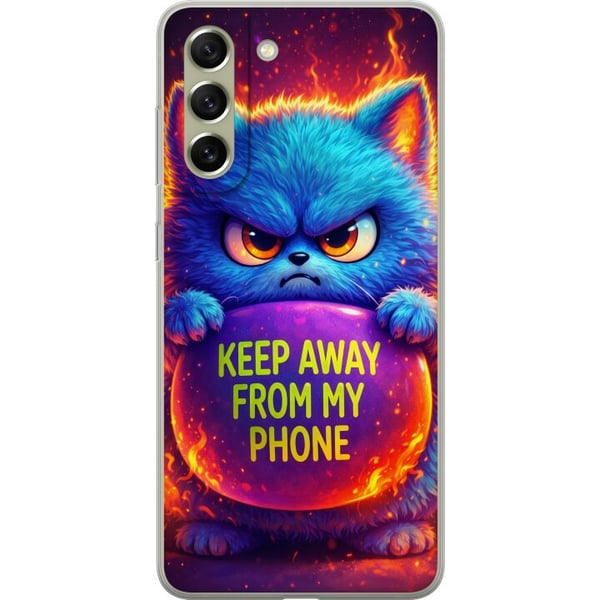 Yhteensopiva Puhelinkuori Samsung Galaxy S21 FE 5G Vihainen, pörröinen sininen kissa, jossa lukee Keep Away From My Phone, neonväreissä ja liekkimäis