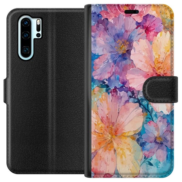 Kompatibel Tegnebogsetui til Huawei P30 Pro Akvarelmåleri med store blomster i rosa, blå og gule nuancer i en blød, kunstnerisk stil
