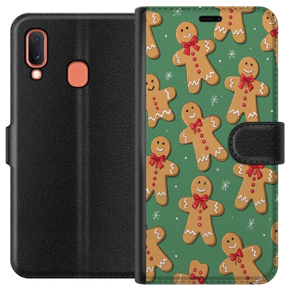 Kompatibelt Plånboksfodral till Samsung Galaxy A20e Gingerbread Christmas pattern – pepparkaksgubbar i söt juldesign med grön bakgrund och vinterkäns
