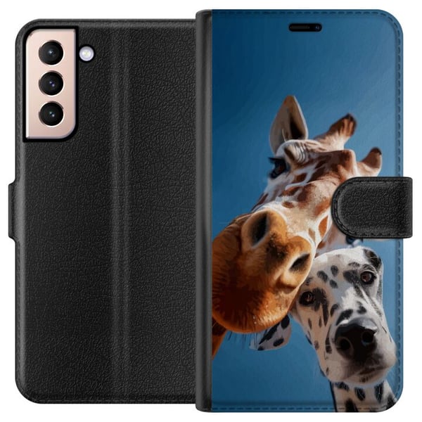 Kompatibelt Lommeboketui til Samsung Galaxy S21 Giraff dalmatiner duo-motiv med morsomt nærbilde av giraff og dalmatiner i solfylt perspektiv
