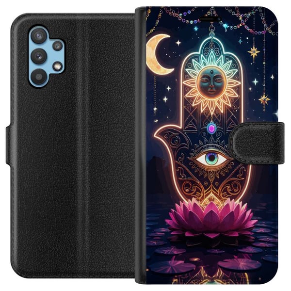 Kompatibelt Plånboksfodral till Samsung Galaxy A32 5G Symbolisk handillustration med öga, blomma och ljus Kompatibelt Plånboksfodral till Samsung Galaxy A32 5G Symbolisk handillustration med öga, blomma och ljus