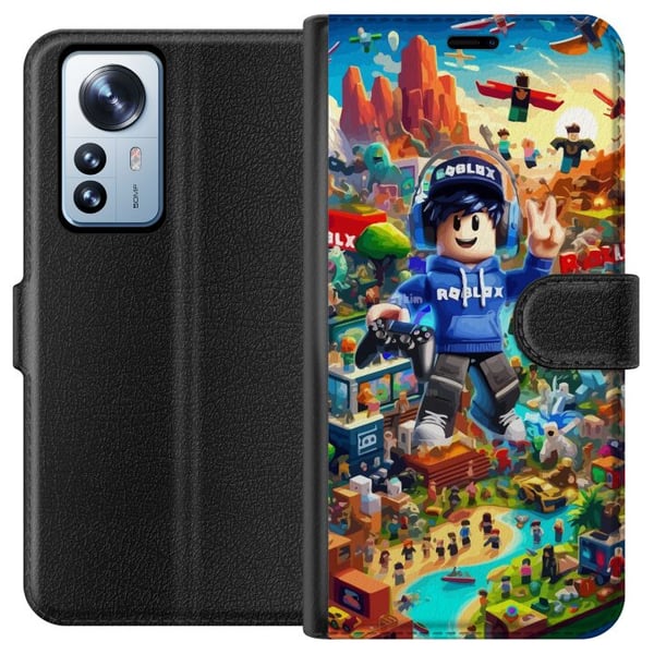 Kompatibel Tegnebogsetui til Xiaomi 12 Pro Stor, detaljeret Roblox-verden fyldt med karakterer, eventyr og farverige miljøer