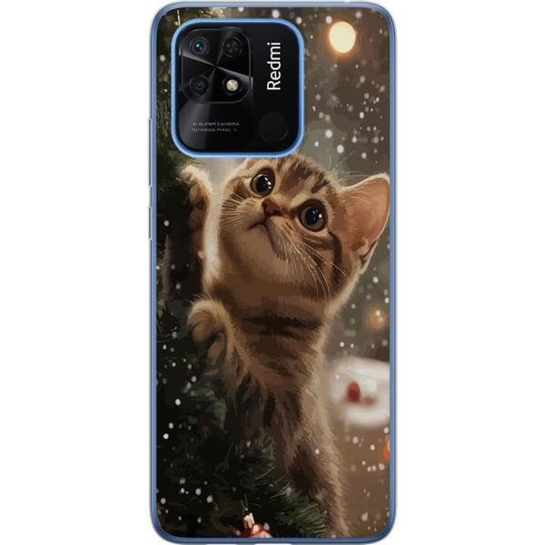 Yhteensopiva Puhelinkuori Xiaomi Redmi 10C Joulukuuseen kiipeävä kissa lumisateessa, kodikas talvidesign täydellinen kissa- ja joulun ystäville