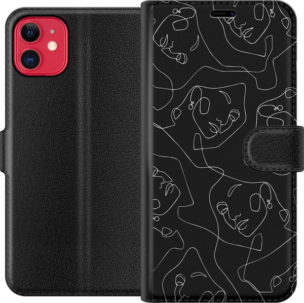 Yhteensopiva Lompakkokotelo Apple iPhone 11 Abstraktit kasvot valkoista viivataidetta tummalla taustalla moderni minimalistinen tyyli taiteen ystävil