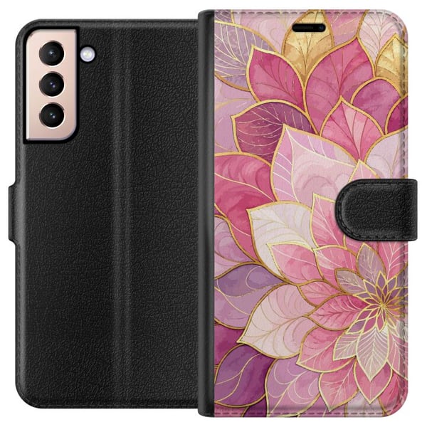 Kompatibelt Lommeboketui til Samsung Galaxy S21 Blomstermandala – Rosa og lilla mønster med gylne detaljer illustrasjon Kompatibelt Lommeboketui til Samsung Galaxy S21 Blomstermandala – Rosa og lilla mønster med gylne detaljer illustrasjon