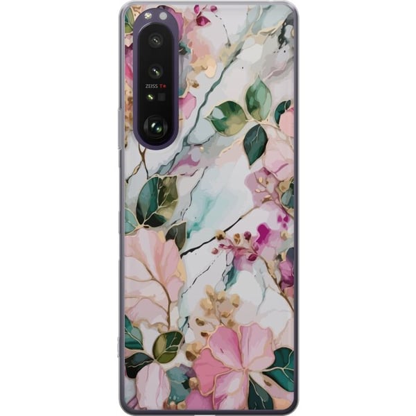 Kompatibel Mobilcover til Sony Xperia 1 III Pastelmarmor med blomster, blade og subtile gyldne detaljer i en blød komposition