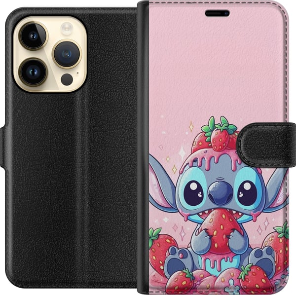 Kompatibelt Lommeboketui til Apple iPhone 14 Pro Stitch Strawberry Love – søtt motiv med blå figur og jordbær i rosa pastelltema
