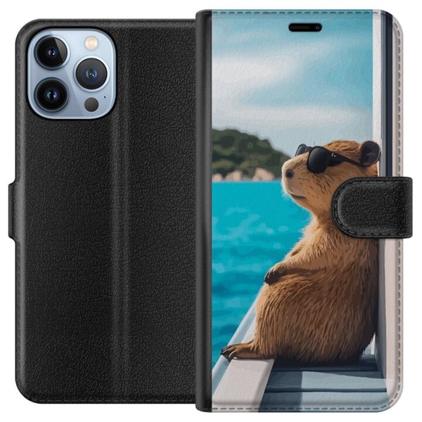 Kompatibelt Plånboksfodral till Apple iPhone 13 Pro Max Kapybara vid havet med solglasögon humoristisk charmig design med avslappnad semesterkänsla