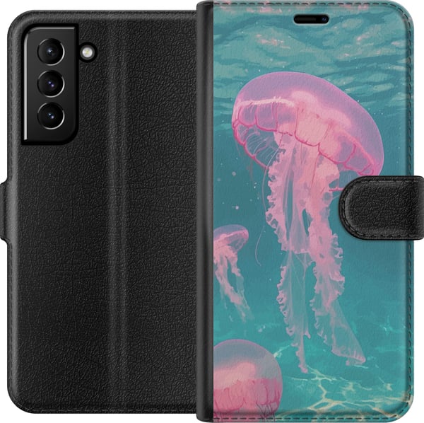 Yhteensopiva Lompakkokotelo Samsung Galaxy S21+ 5G Vaaleanpunaiset meduusat kirkkaansinisessä meressä, maaginen vedenalainen design, jossa on rauhall