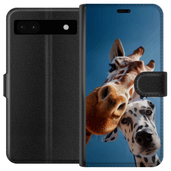 Yhteensopiva Lompakkokotelo Google Pixel 6a Kirahvi-dalmatialainen-duoaihe, jossa on hauska lähikuva kirahvista ja dalmatialaisesta aurinkoisessa kuv