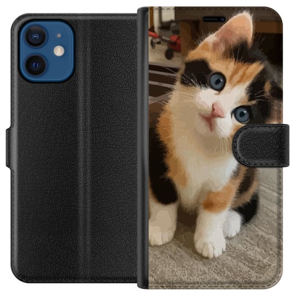Yhteensopiva Lompakkokotelo Apple iPhone 12 mini Kolmivärinen kissanpentu sinisillä silmillä, suloinen sisäympäristö ja hurmaava ilme, täydellinen ka