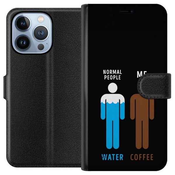 Yhteensopiva Lompakkokotelo Apple iPhone 13 Pro Hauska minimalistinen kuvitus, jossa on teksti normal people water me coffee, täydellinen kahvin ystä
