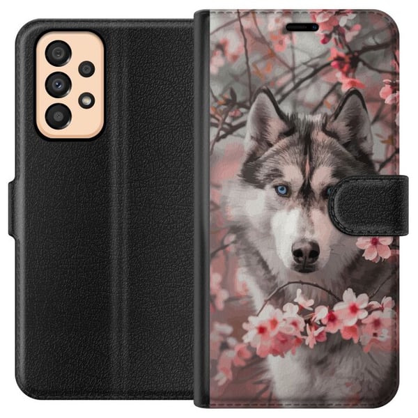 Yhteensopiva Lompakkokotelo Samsung Galaxy A33 5G Siperianhusky juliste koira siniset silmät kirsikankukat koira susi luonto eläin kukat söpö retro d