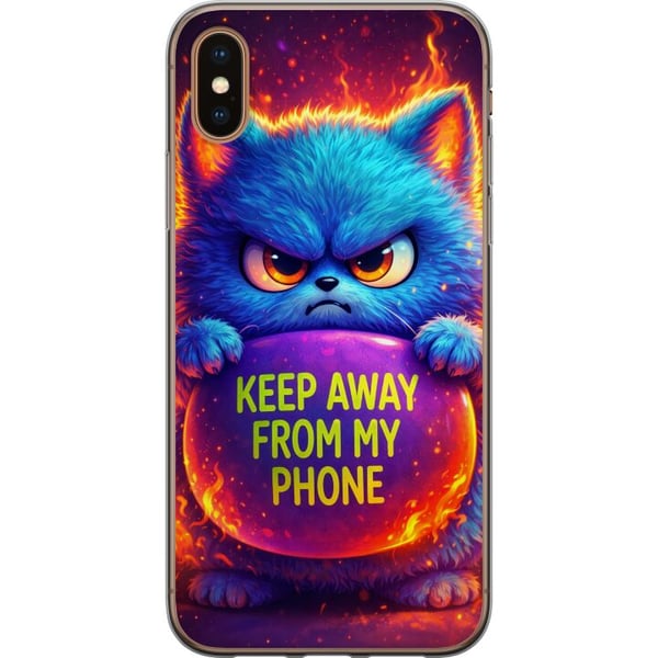 Kompatibelt Mobildeksel til Apple iPhone XS Sint, lodden blå katt med teksten Keep Away From My Phone i neonfarger og flamlignende effekter, humorist