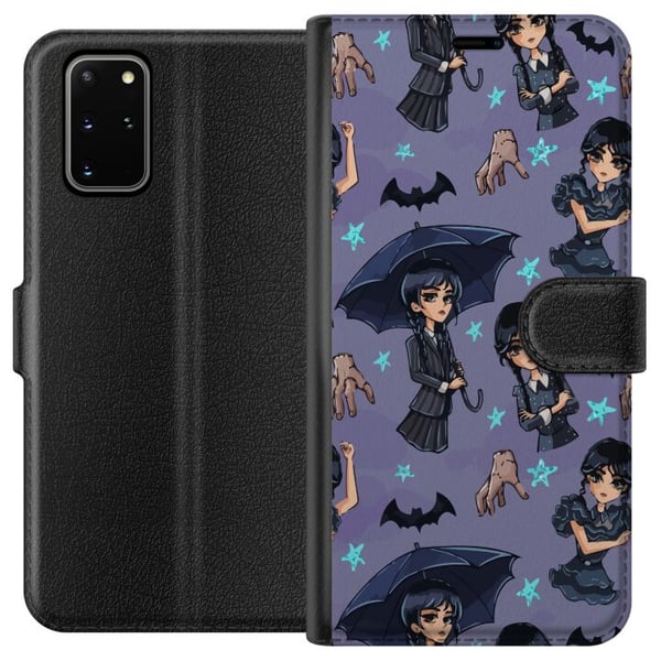 Kompatibelt Plånboksfodral till Samsung Galaxy S20+ Wednesday Addams cartoon poster gothic Netflix serie bats hand Thing purple background cute desig