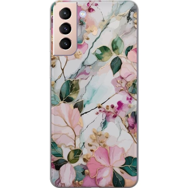 Kompatibelt Mobildeksel til Samsung Galaxy S21 Pastellmarmor med blomster, blader og subtile gylne detaljer i en myk komposisjon