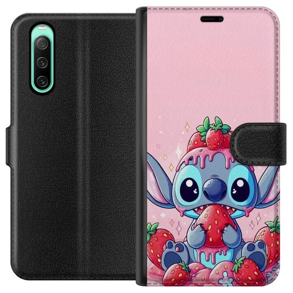 Yhteensopiva Lompakkokotelo Sony Xperia 10 IV Stitch Strawberry Love – söpö aihe, jossa on sininen hahmo ja mansikoita vaaleanpunaisessa pastelliteem