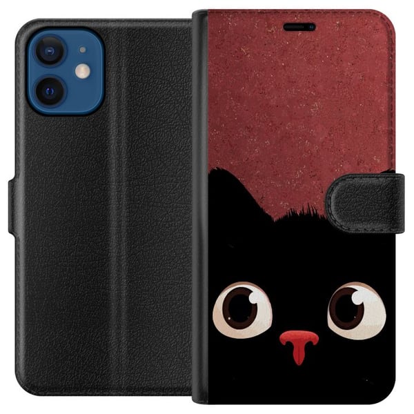 Kompatibelt Plånboksfodral till Apple iPhone 12 Minimalistisk svart katt med stora ögon – charmigt djurmotiv i modern grafisk stil