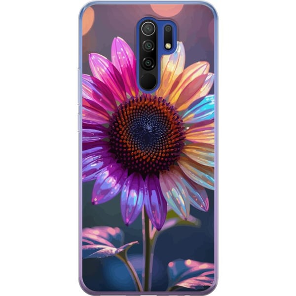 Kompatibelt Mobilskal till Xiaomi Redmi 9 Skimrande iriserande blomma i rosa lila och guld mot mjuk bokeh och ljusglitter