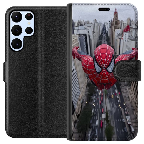 Kompatibelt Plånboksfodral till Samsung Galaxy S22 Ultra 5G Spiderman över staden Marvel superhero action city skyline swinging dynamic comic hero mo Kompatibelt Plånboksfodral till Samsung Galaxy S22 Ultra 5G Spiderman över staden Marvel superhero action city skyline swinging dynamic comic hero mo