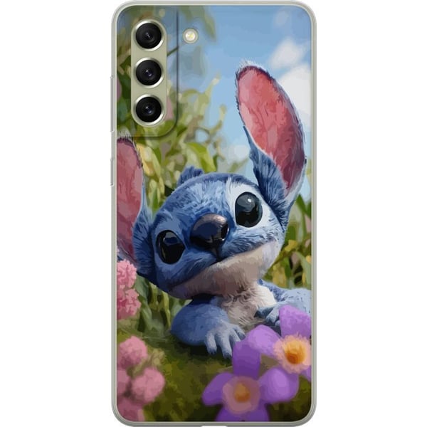 Kompatibel Mobilcover til Samsung Galaxy S21 FE 5G Blå tegnet figur inspireret af Stitch i naturlige omgivelser med blomster og et sødt udtryk, perfe