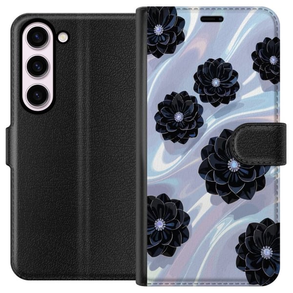 Yhteensopiva Lompakkokotelo Samsung Galaxy S23 Keskiyön kukinta mustia kukkia hohtavalla taustalla, elegantti ylellinen kukkakuviointi tummissa sävyi