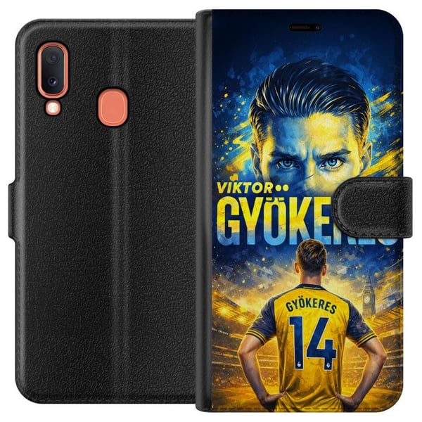 Kompatibelt Plånboksfodral till Samsung Galaxy A20e Viktor Gyökeres fotbollsposter i gul-blå färgskala med dramatisk stadionbakgrund, sportillustrati Kompatibelt Plånboksfodral till Samsung Galaxy A20e Viktor Gyökeres fotbollsposter i gul-blå färgskala med dramatisk stadionbakgrund, sportillustrati