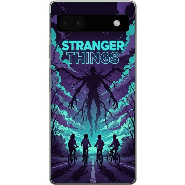Kompatibelt Mobilskal till Google Pixel 6a Stranger Things-inspirerad fantasyillustration med mörkt monster, cyklande barn och dramatisk röd himmel,