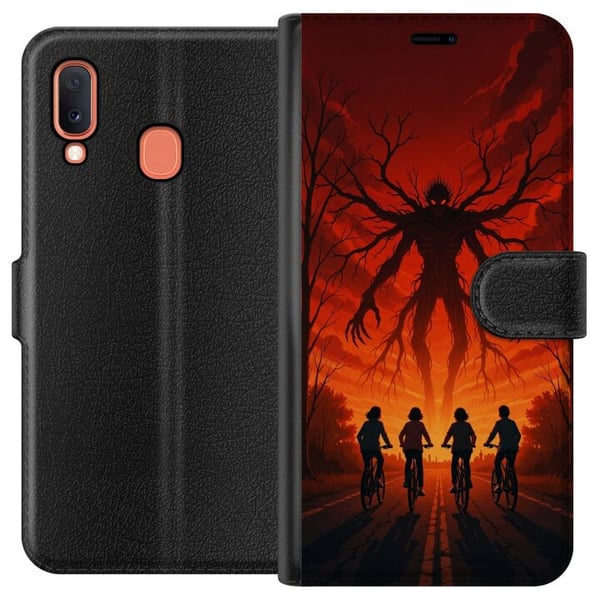 Kompatibelt Lommeboketui til Samsung Galaxy A20e Mørk Stranger Things-inspirert skrekkillustrasjon med rød himmel, truende monster og syklende barn i Kompatibelt Lommeboketui til Samsung Galaxy A20e Mørk Stranger Things-inspirert skrekkillustrasjon med rød himmel, truende monster og syklende barn i