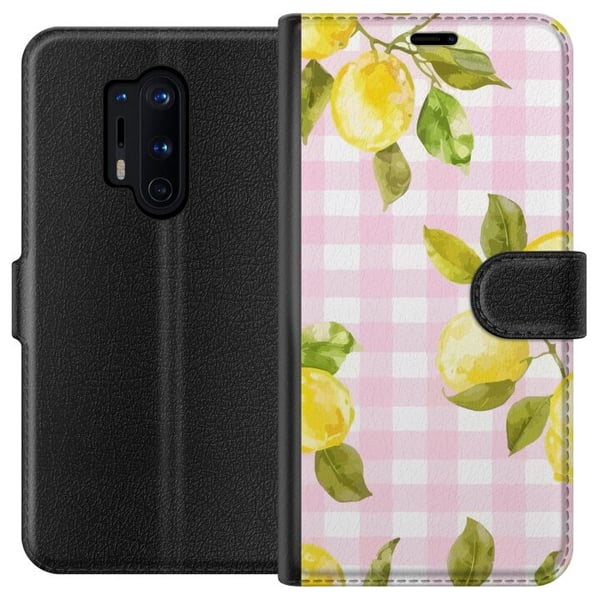 Kompatibel Tegnebogsetui til OnePlus 8 Pro Citrongrønt og lyserødt ginghammønster – citronmønster med lyserødt ternet motiv i pastel og sommerlig æst
