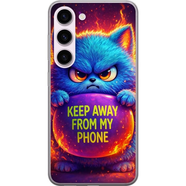 Kompatibelt Mobildeksel til Samsung Galaxy S23 Sint, lodden blå katt med teksten Keep Away From My Phone i neonfarger og flamlignende effekter, humor Kompatibelt Mobildeksel til Samsung Galaxy S23 Sint, lodden blå katt med teksten Keep Away From My Phone i neonfarger og flamlignende effekter, humor