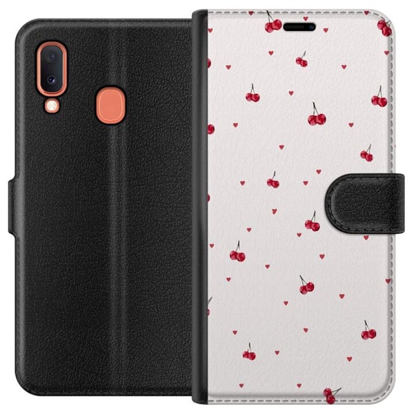 Kompatibelt Plånboksfodral till Samsung Galaxy A20e Körsbär och hjärtan på vit bakgrund söt romantisk design med minimalistisk känsla och mjuka toner