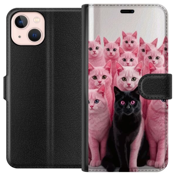 Kompatibelt Plånboksfodral till Apple iPhone 13 mini Svart katt bland rosa katter rolig kontrastfylld design med lekfull charm och trendig färgkombin
