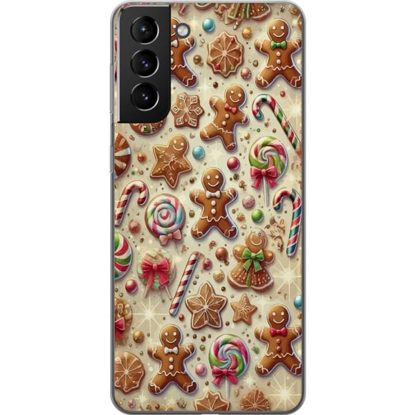 Kompatibelt Mobilskal till Samsung Galaxy S21+ 5G Julmotiv illustration – Polkagrisar pepparkakor och färgglada julgodisar