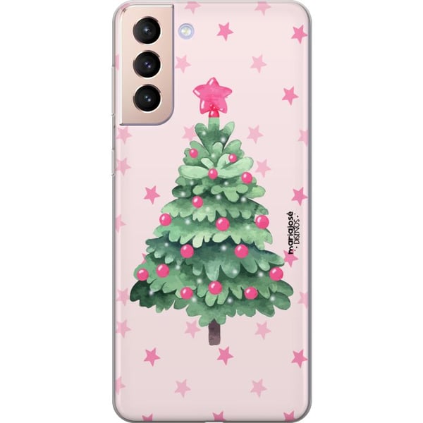 Kompatibel Mobilcover til Samsung Galaxy S21 Akvareljuletræ i rosa nuancer med stjerner og kugler, et charmerende og blødt julemotiv, der passer perf
