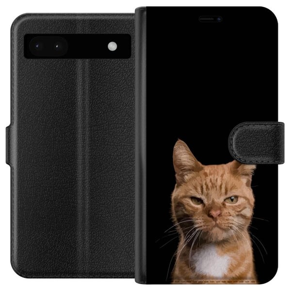 Yhteensopiva Lompakkokotelo Google Pixel 6a Lähikuva oranssista kissasta mustaa taustaa vasten, voimakas kontrasti ja ilmeikäs katse