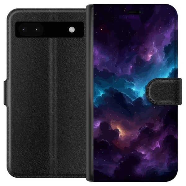 Yhteensopiva Lompakkokotelo Google Pixel 6a Kosminen sumu, jossa on syvänvioletteja ja sinisiä pilviä, hehkuvia valoaukkoja, tähtipisteitä ja avaruud